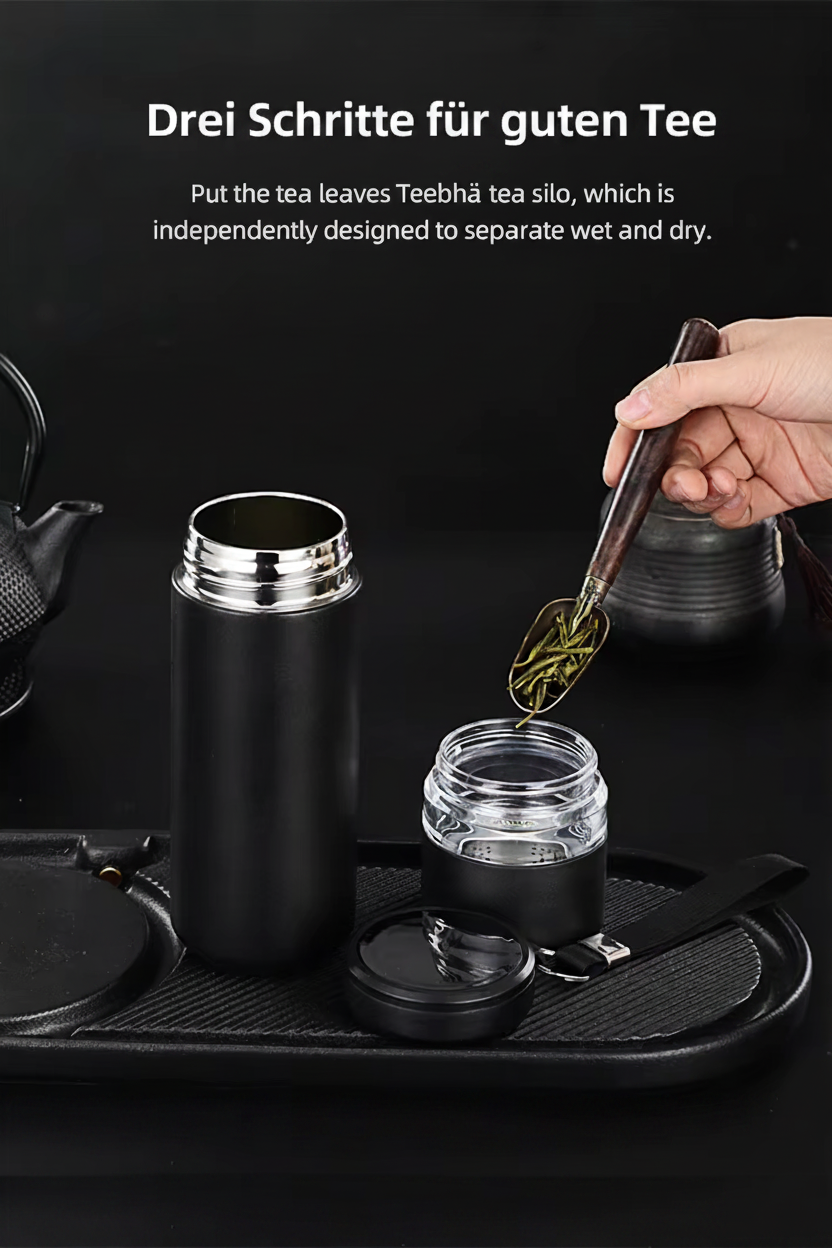 500ml Thermobecher mit Teesieb & separatem Teefach – BPA-freier Edelstahl Reisebecher für Büro & Reisen