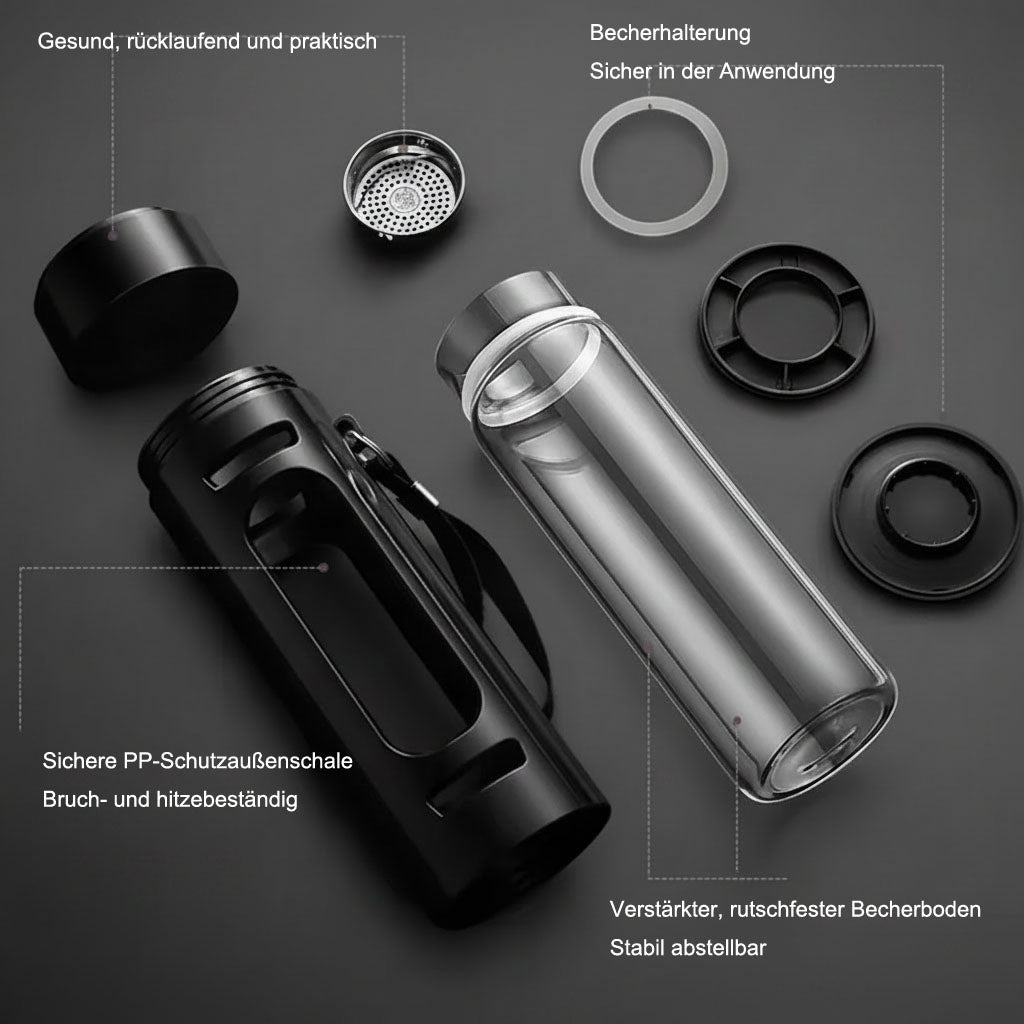 Borosilikat-Glasflasche mit Teesieb & Staufach – 400/600/800/1000ml | BPA-frei | Kostenloser Versand