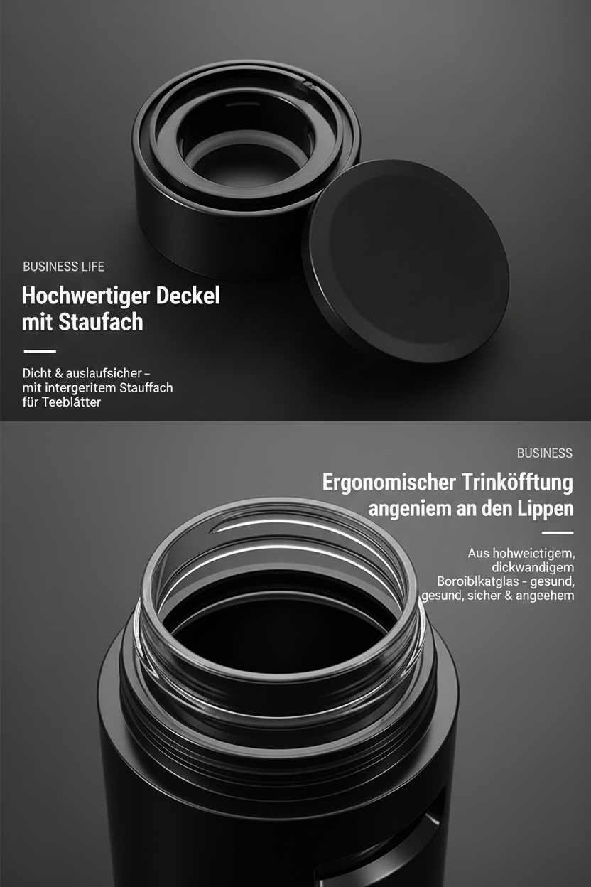 Borosilikat-Glasflasche mit Teesieb & Staufach – 400/600/800/1000ml | BPA-frei | Kostenloser Versand