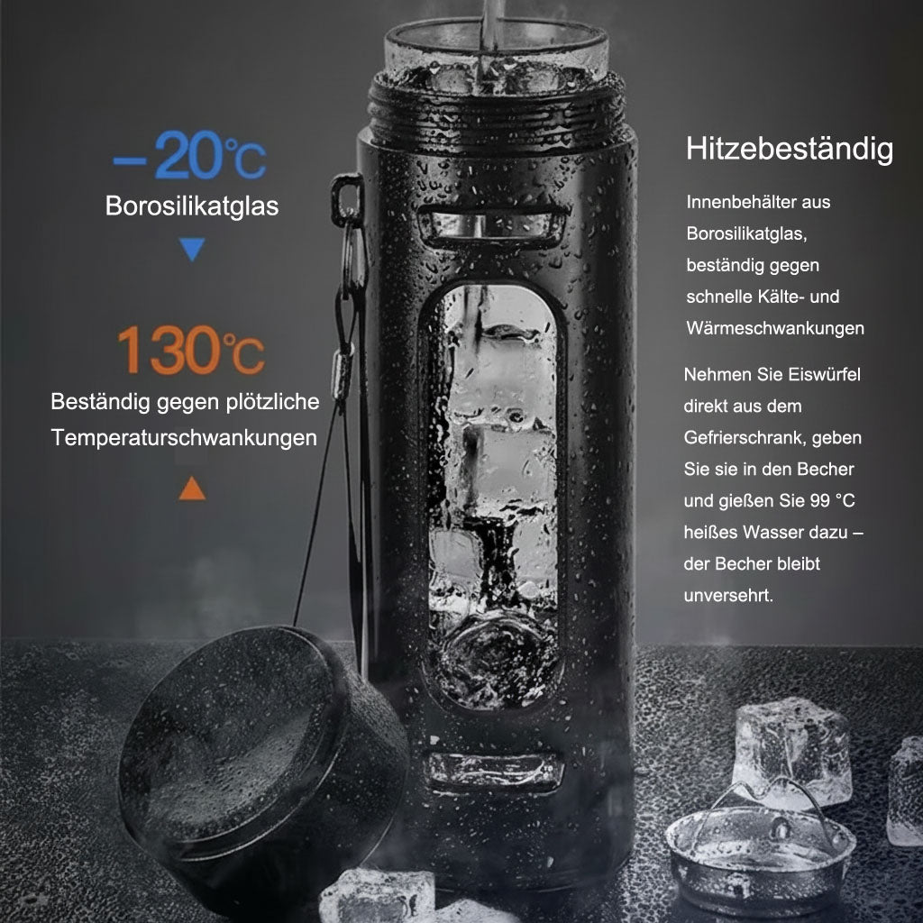 Borosilikat-Glasflasche mit Teesieb & Staufach – 400/600/800/1000ml | BPA-frei | Kostenloser Versand
