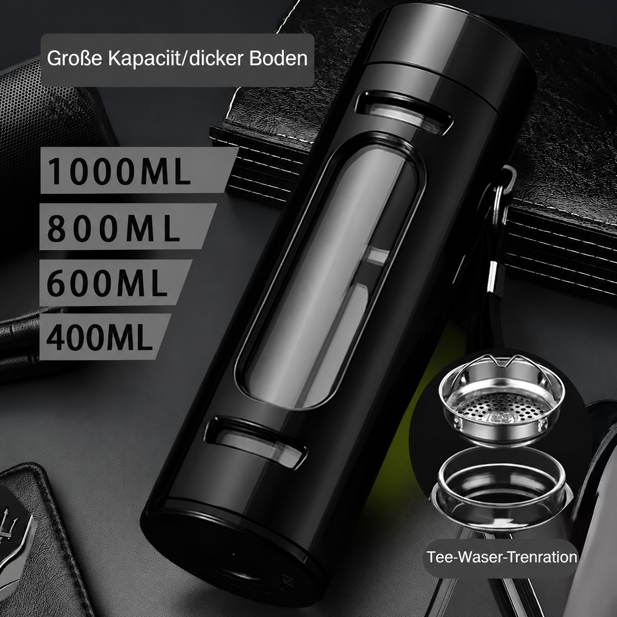 Borosilikat-Glasflasche mit Teesieb & Staufach – 400/600/800/1000ml | BPA-frei | Kostenloser Versand