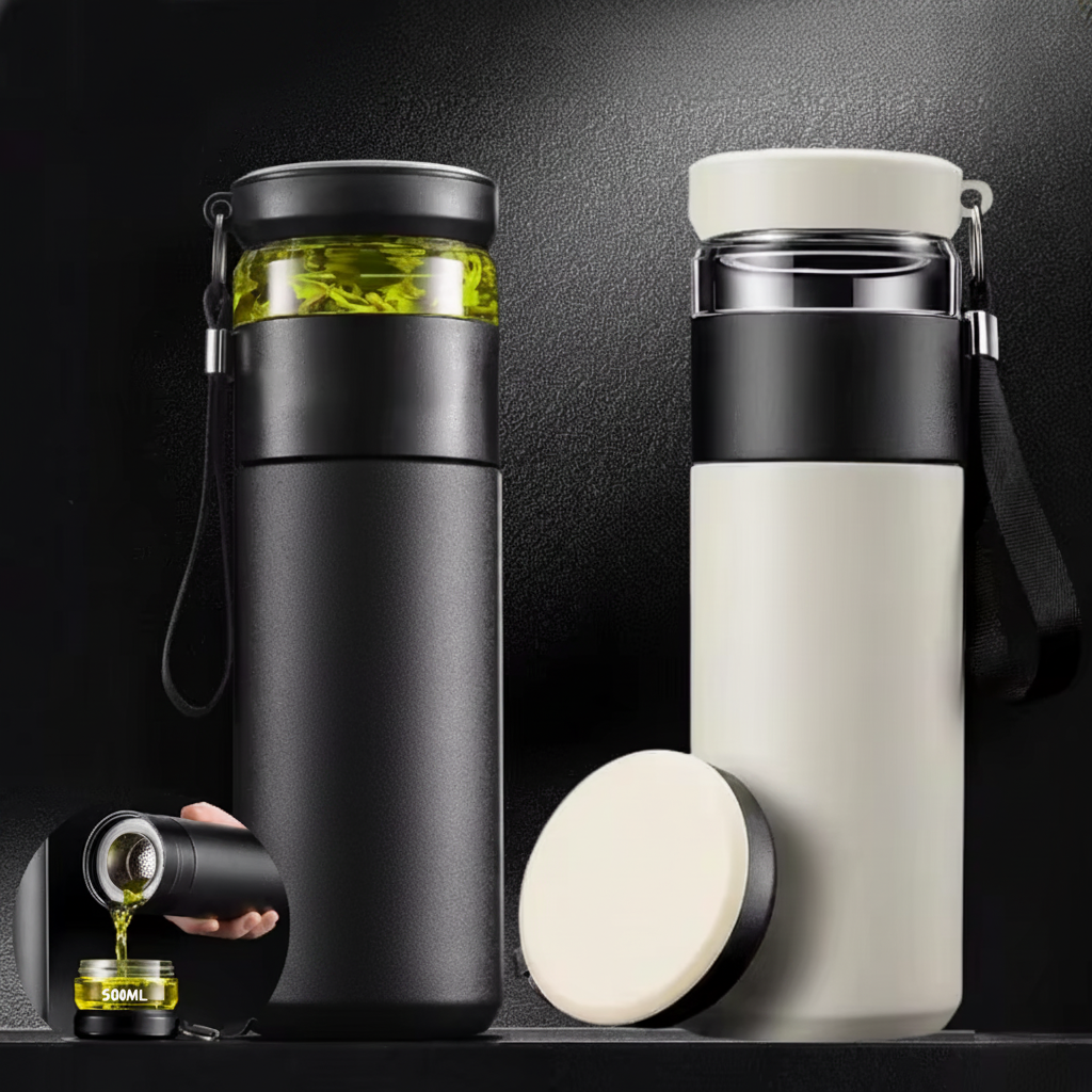 500ml Thermobecher mit Teesieb & separatem Teefach – BPA-freier Edelstahl Reisebecher für Büro & Reisen