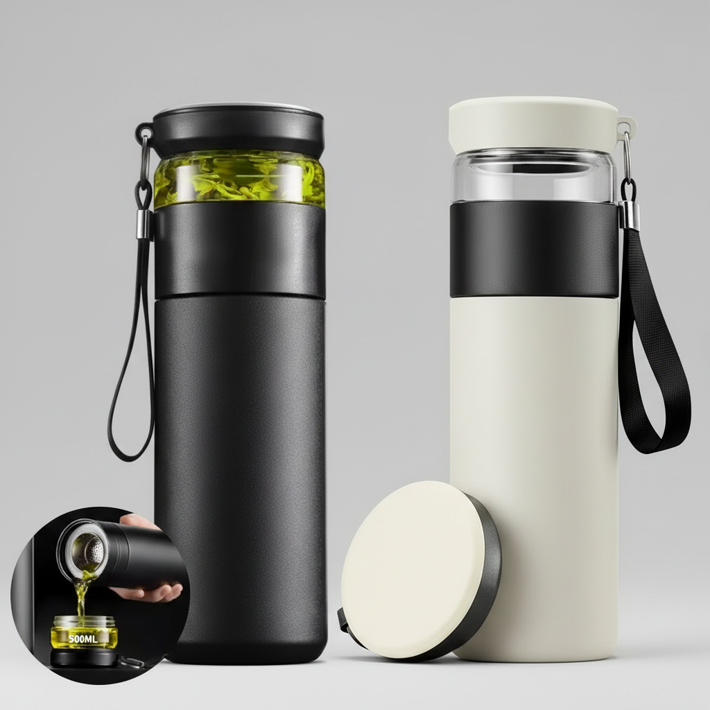 500ml Thermobecher mit Teesieb & separatem Teefach – BPA-freier Edelstahl Reisebecher für Büro & Reisen