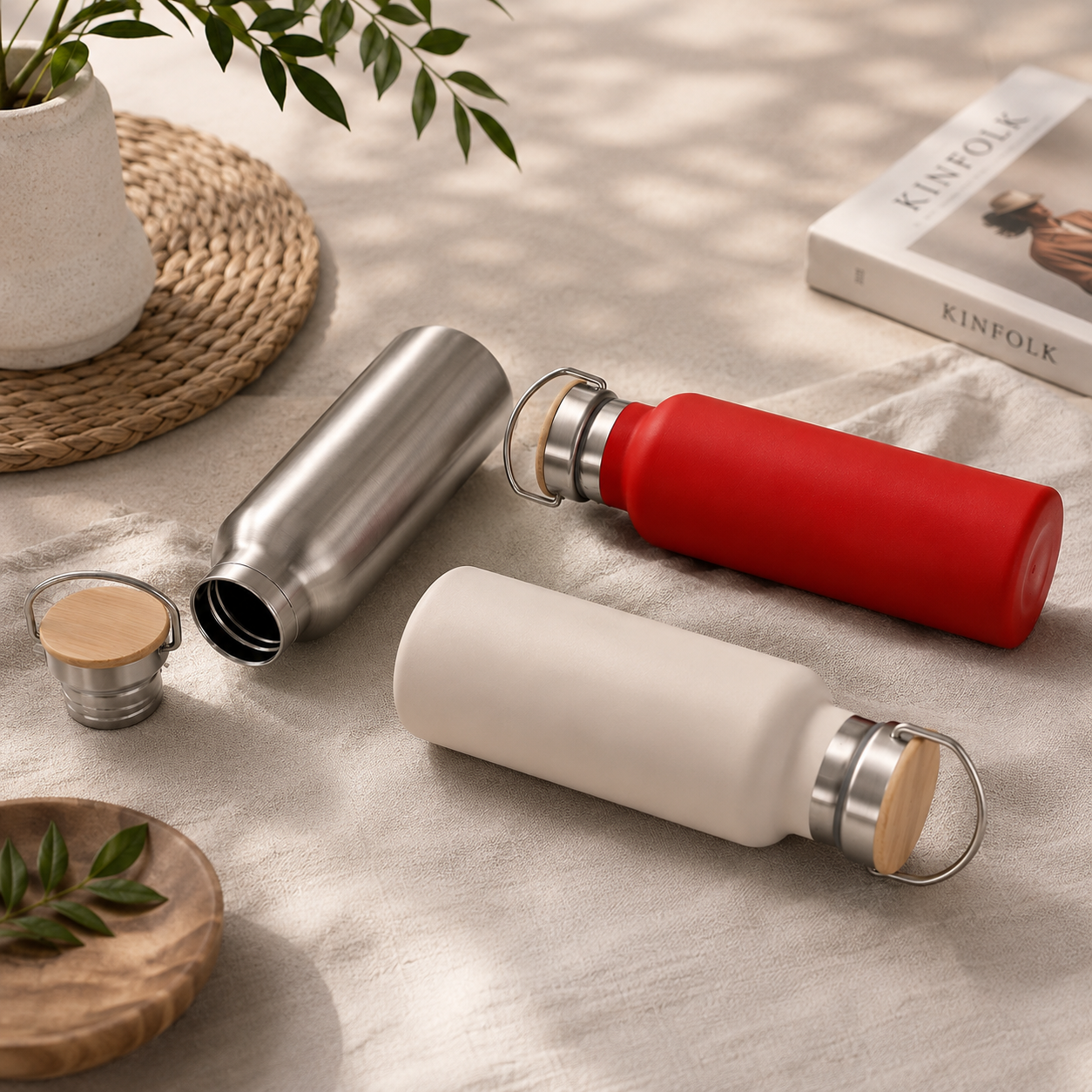 Edelstahl-Thermosflasche mit Bambus-Deckel – Doppelwandige Vakuum-Isolierflasche