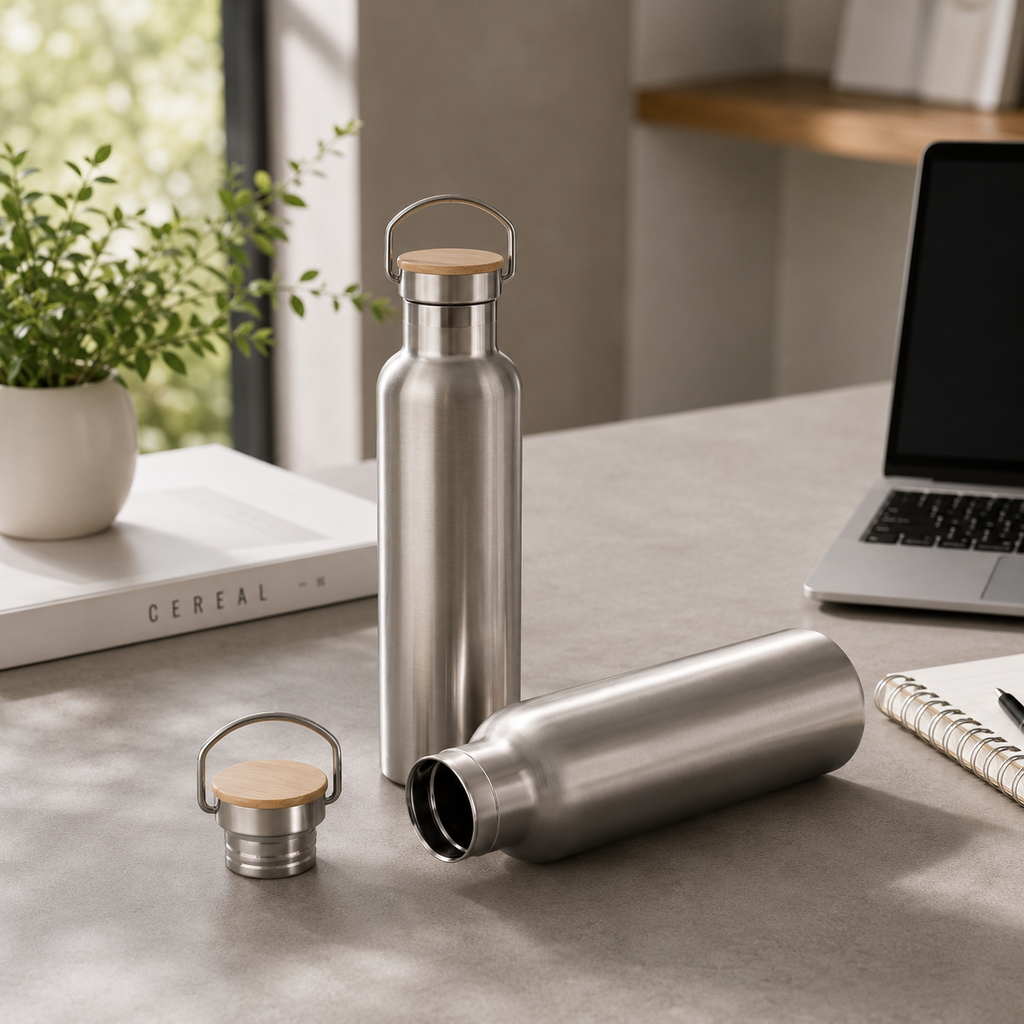 Edelstahl-Thermosflasche mit Bambus-Deckel – Doppelwandige Vakuum-Isolierflasche