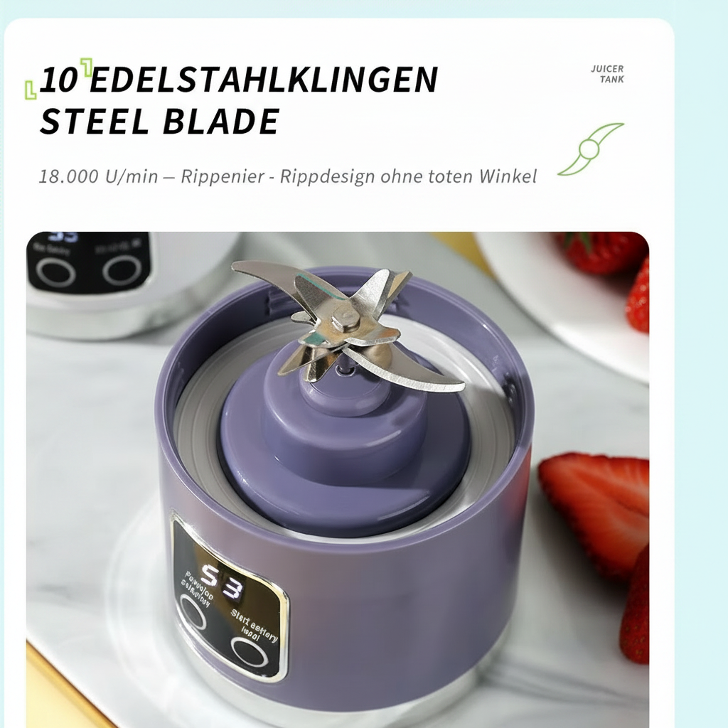 Elektrischer Mini-Entsafter 450ml | 3 Stufen | 10 Klingen | USB-C | Smoothie & Eis | BPA-frei