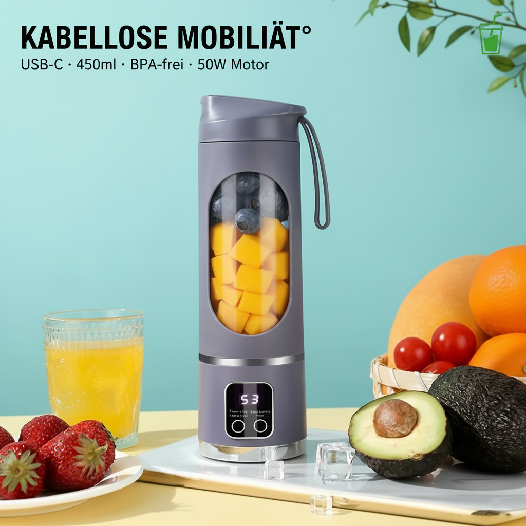 Elektrischer Mini-Entsafter 450ml | 3 Stufen | 10 Klingen | USB-C | Smoothie & Eis | BPA-frei